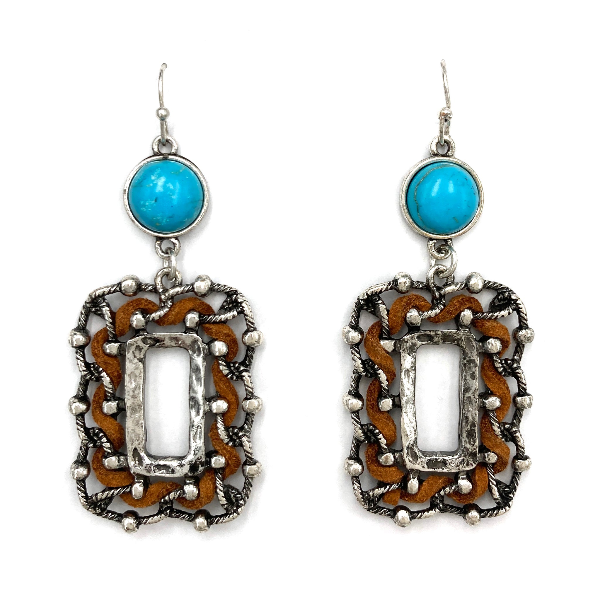 Turquoise Rectangle Rope Suede Western Earrings