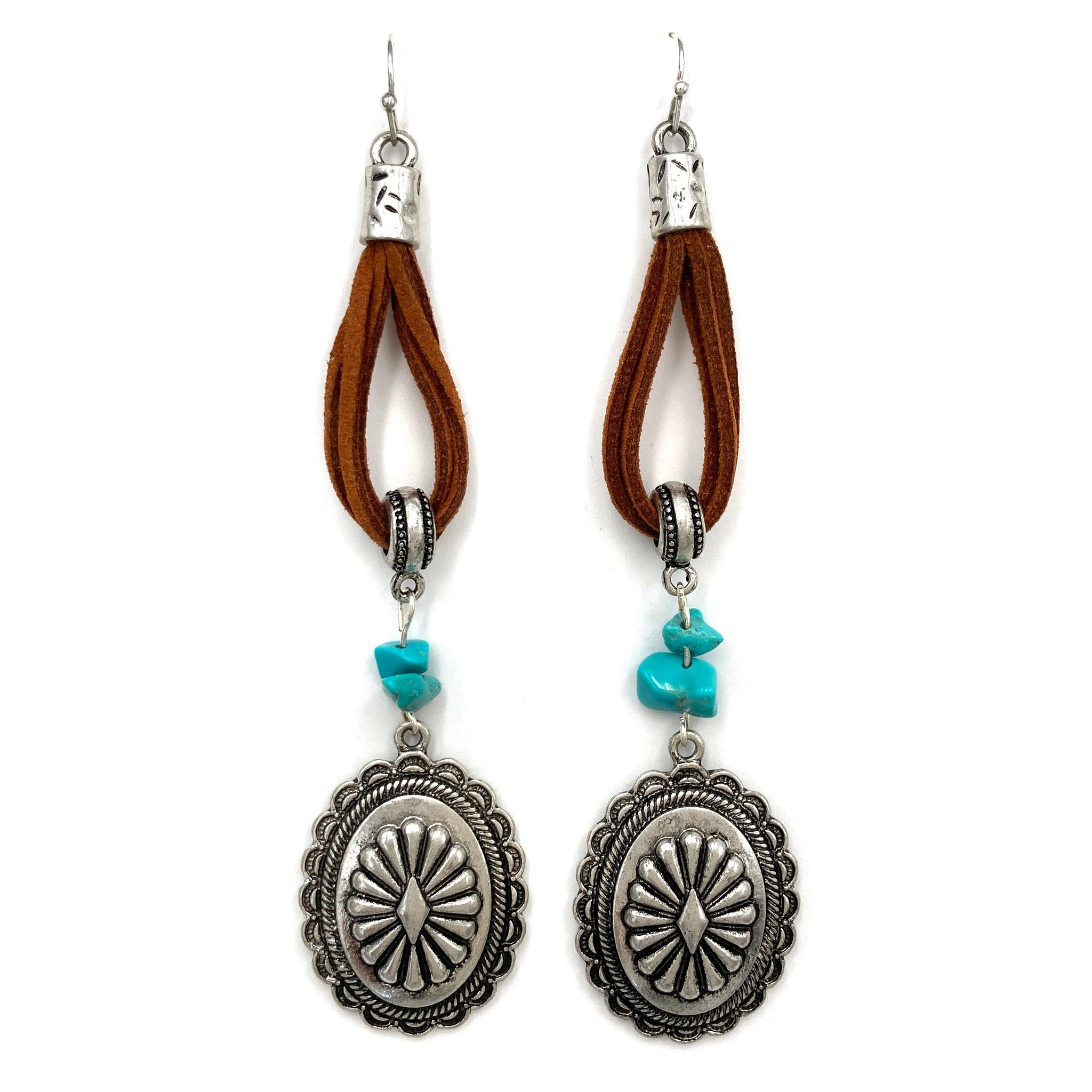 Western Suede Rope Concho Turquoise Dangle Earrings