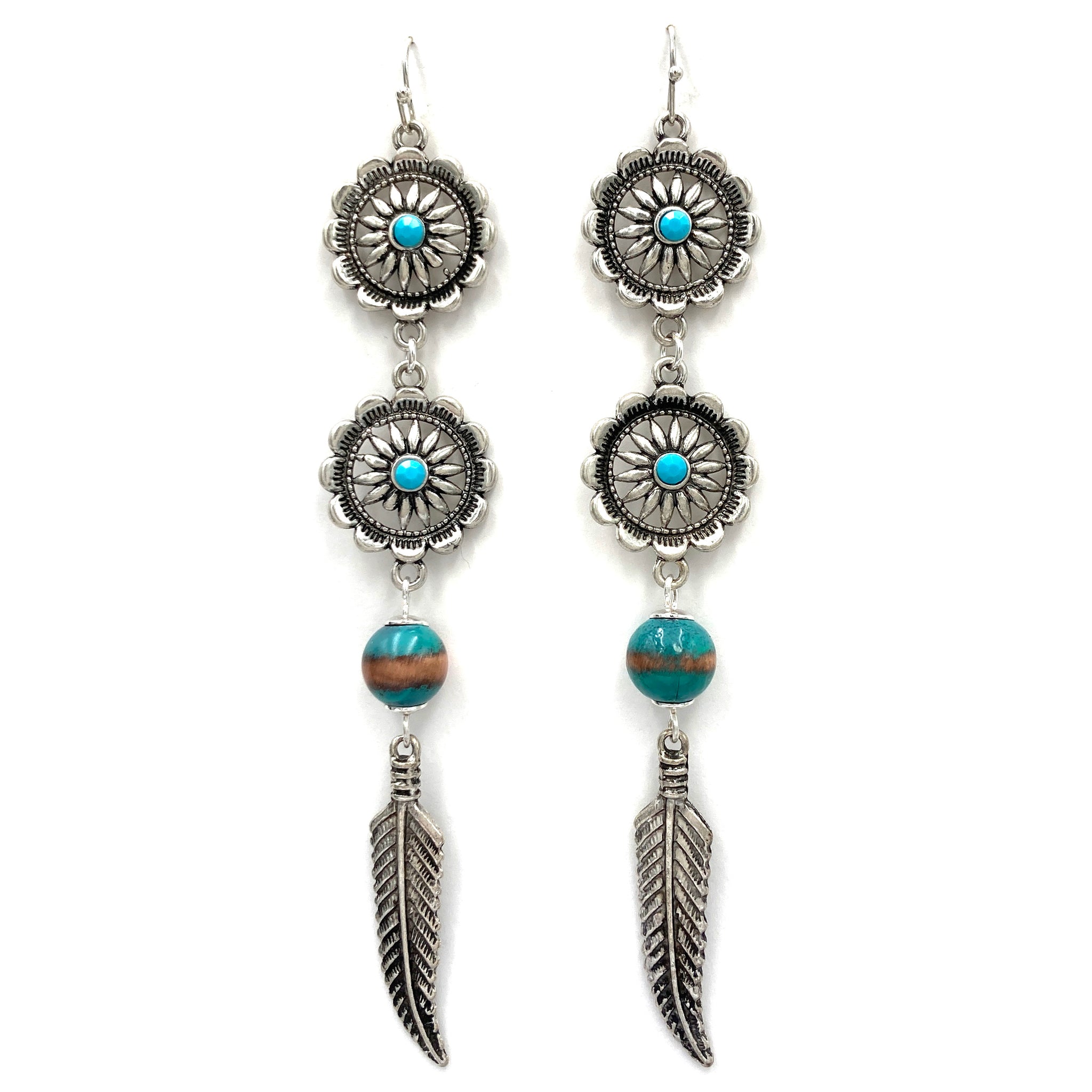 Flower Concho With Dangling Western Native Feather Earrings