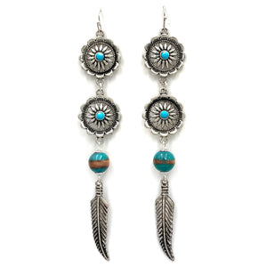 Flower Concho With Dangling Western Native Feather Earrings