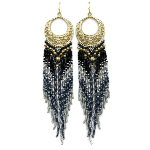 Crescent Flowers Chandelier Fringe Long Seed Bead Earrings