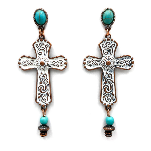 Metal Floral Cross Western Turquoise Stone Earrings