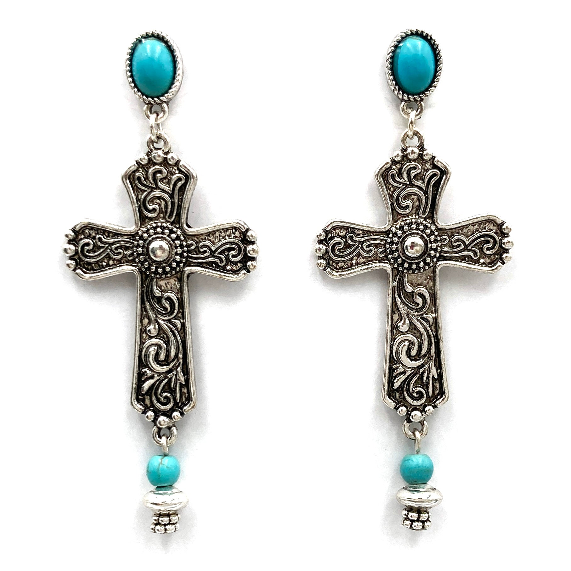 Metal Floral Cross Western Turquoise Stone Earrings