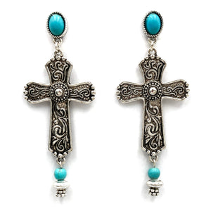 Metal Floral Cross Western Turquoise Stone Earrings