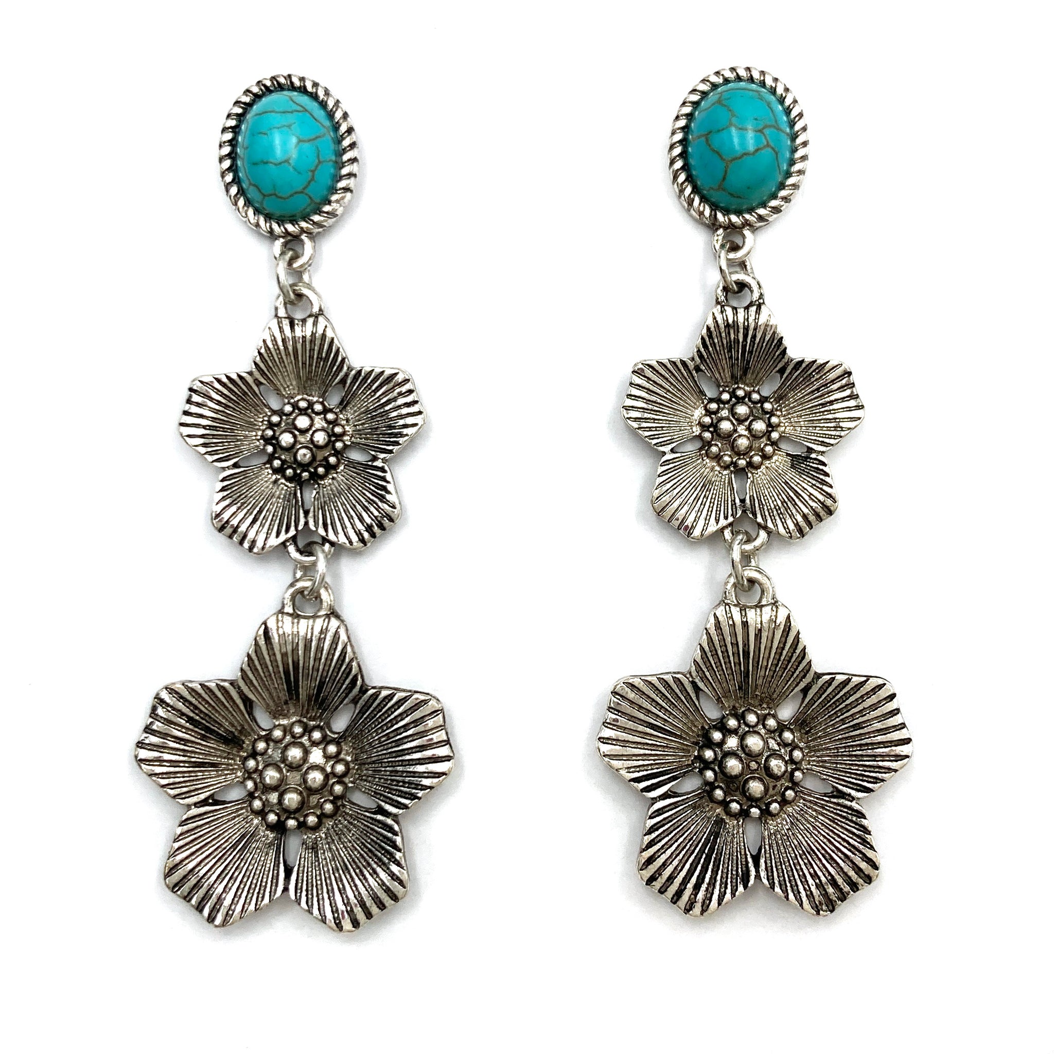 Metal Flowers Western Turquoise Stone Earrings