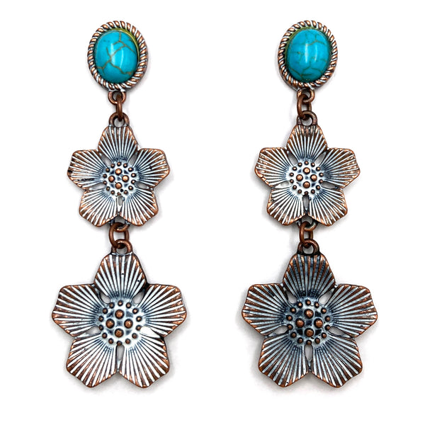 Metal Flowers Western Turquoise Stone Earrings