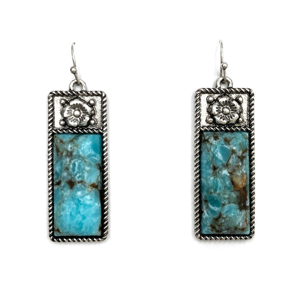 Flower Rectangle Turquoise Stone Western Dangle Earrings