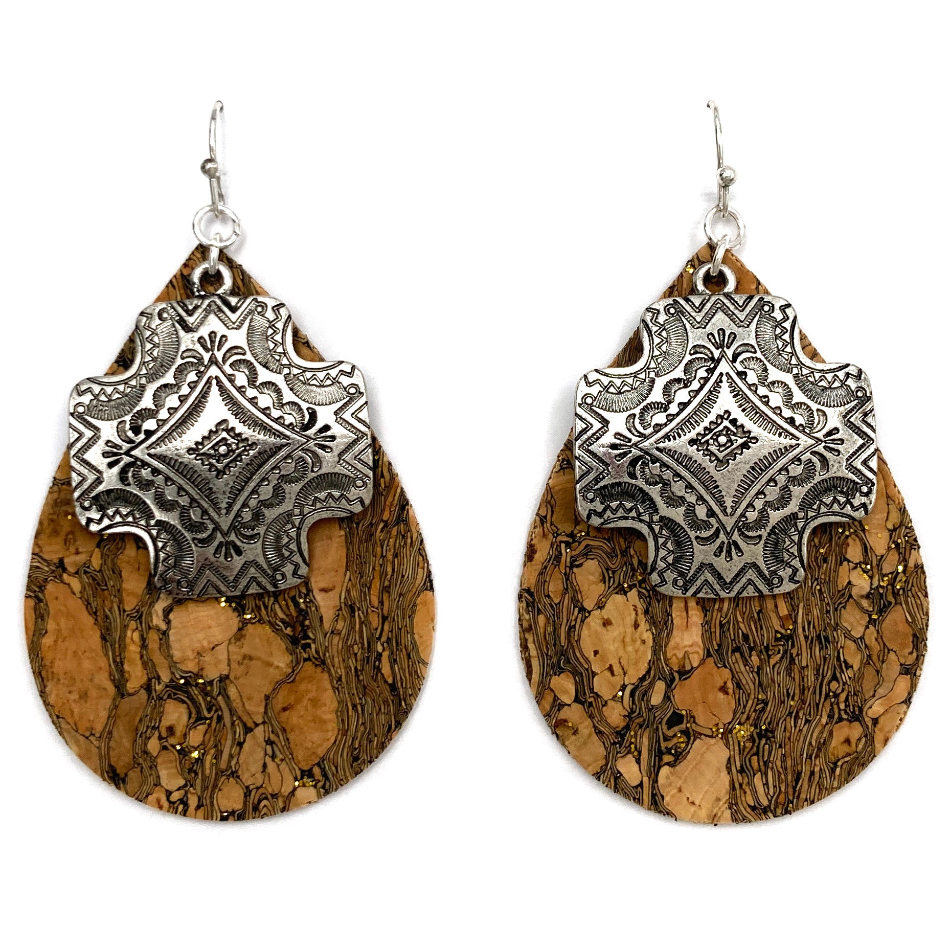 Cork Teardrop Cross Concho Charm Earrings