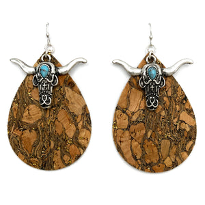 Cork Teardrop Longhorn Charm Earrings