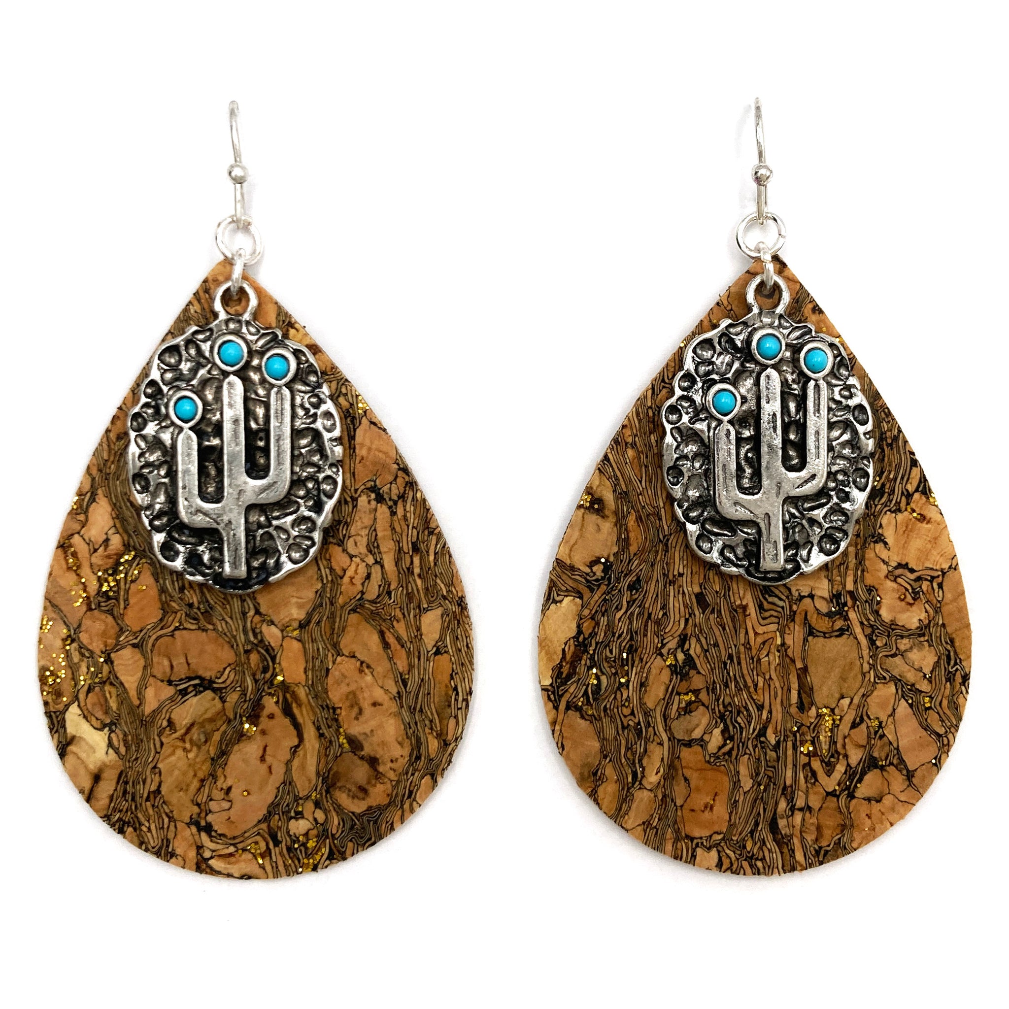 Cork Teardrop Cactus Charm Earrings