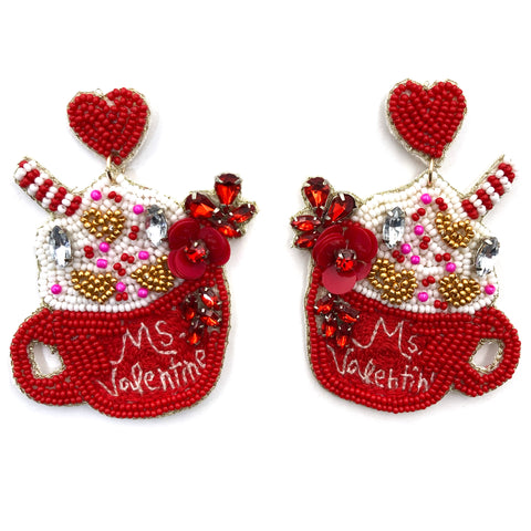 Red Ms Valentine Latte Mug Seed Bead Dangle Earrings