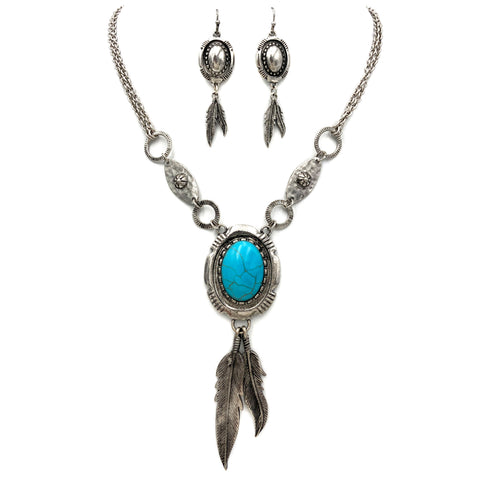 Turquoise Stone Concho Feather Pendant Necklace Earrings Set