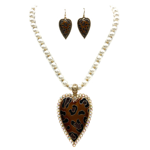 Leopard Spots Heart Pendant Pearl Necklace Earrings Set