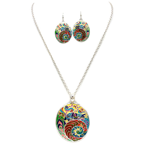 Rainbow Epoxy Geometric Floral Design Necklace Earrings Set