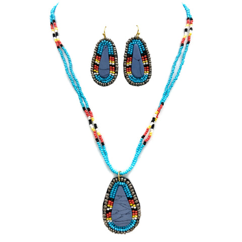 Western Native Clay Seed Beaded Necklace Earrings Set