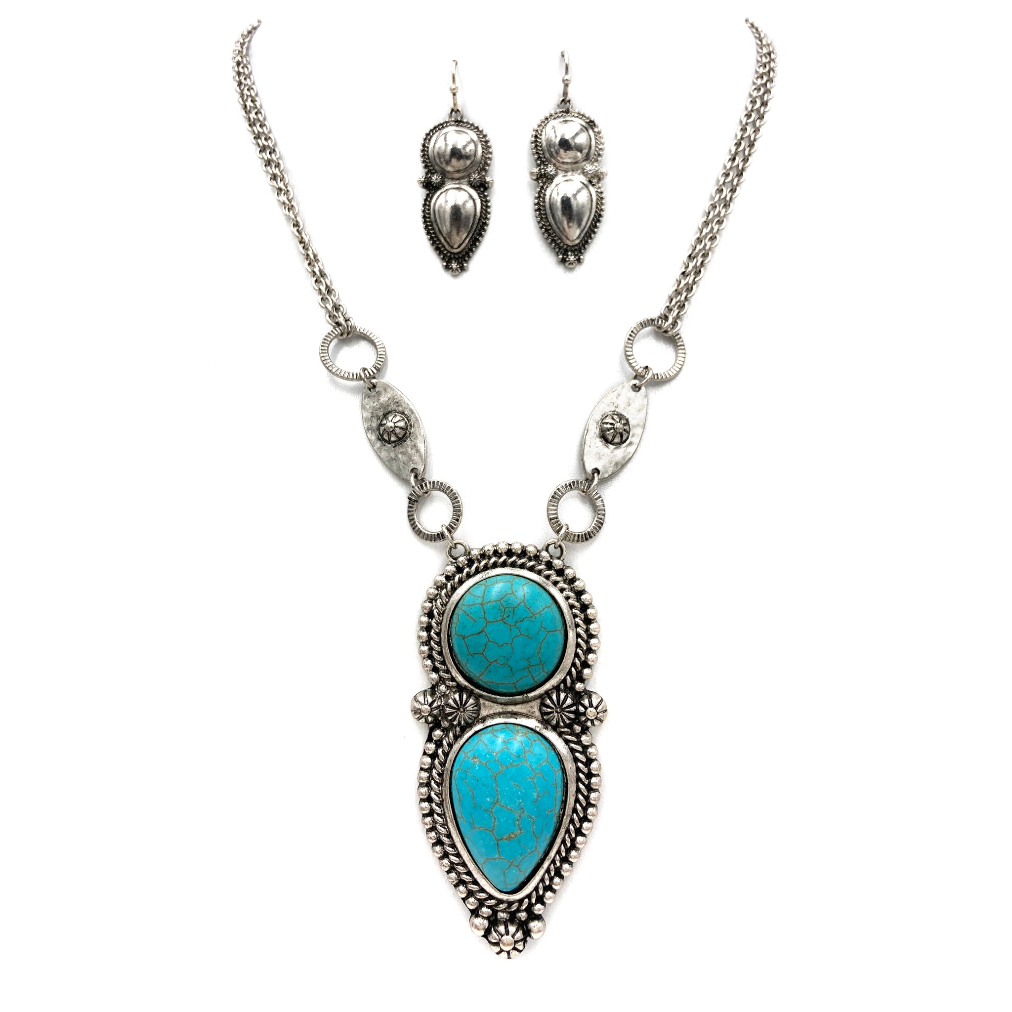 Two Turquoise Stone Concho Large Pendant Western Necklace Earrings Set