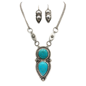 Two Turquoise Stone Concho Large Pendant Western Necklace Earrings Set