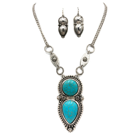 Two Turquoise Stone Concho Large Pendant Western Necklace Earrings Set