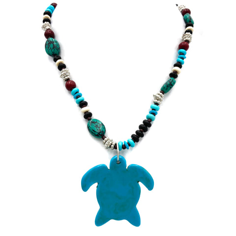 Turquoise Turtle Pendant Semi Precious Stone Beaded Necklace