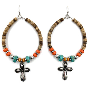 Cross Wood Beads Hanging Hoop Western Dangle Earring