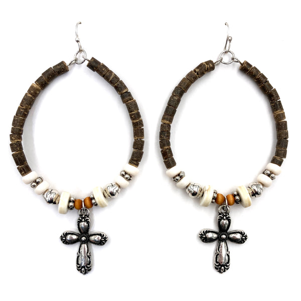 Cross Wood Beads Hanging Hoop Western Dangle Earring