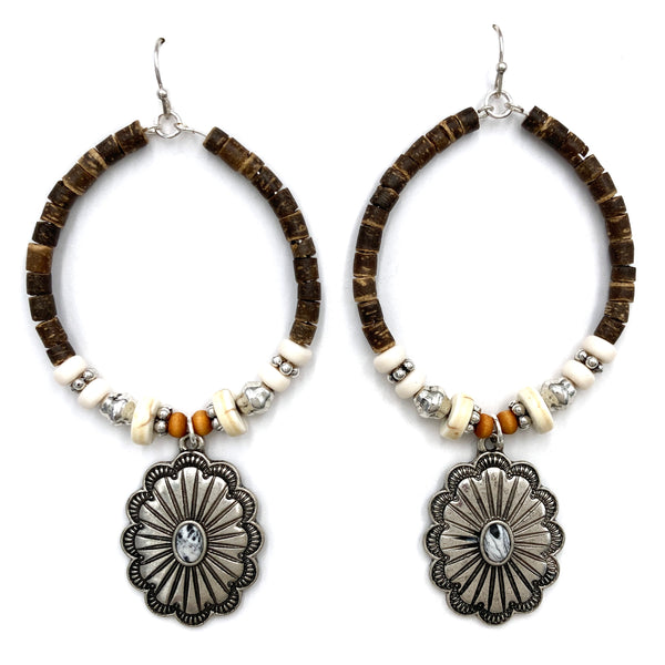 Concho Wood Beads Hanging Hoop Western Dangle Earring