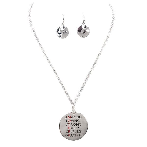 Mother Adjectives Pendant Necklace Earrings Set