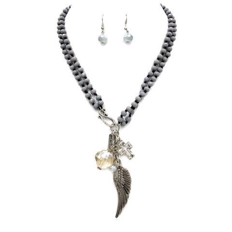 Angel Wing Faith Cross Charms Crystal Beads Necklace Earrings Set