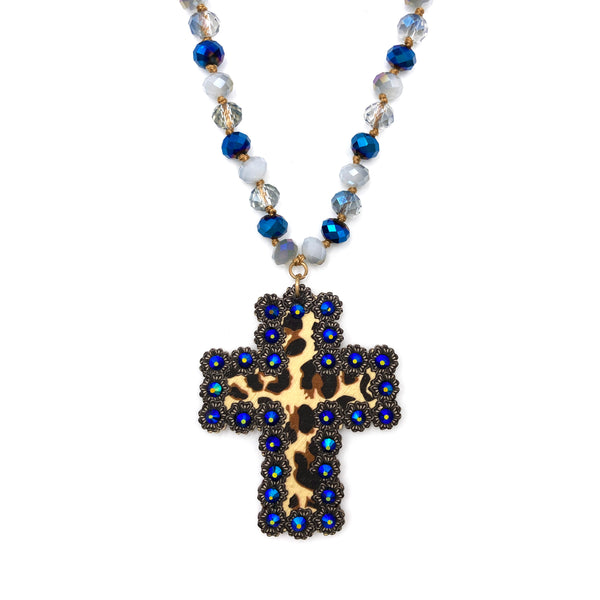 Cross Leopard Spot Pendant Crystal Beaded Necklace