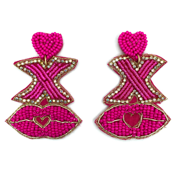 Heart XOXO Kisses Seed Bead Post Dangle Earrings