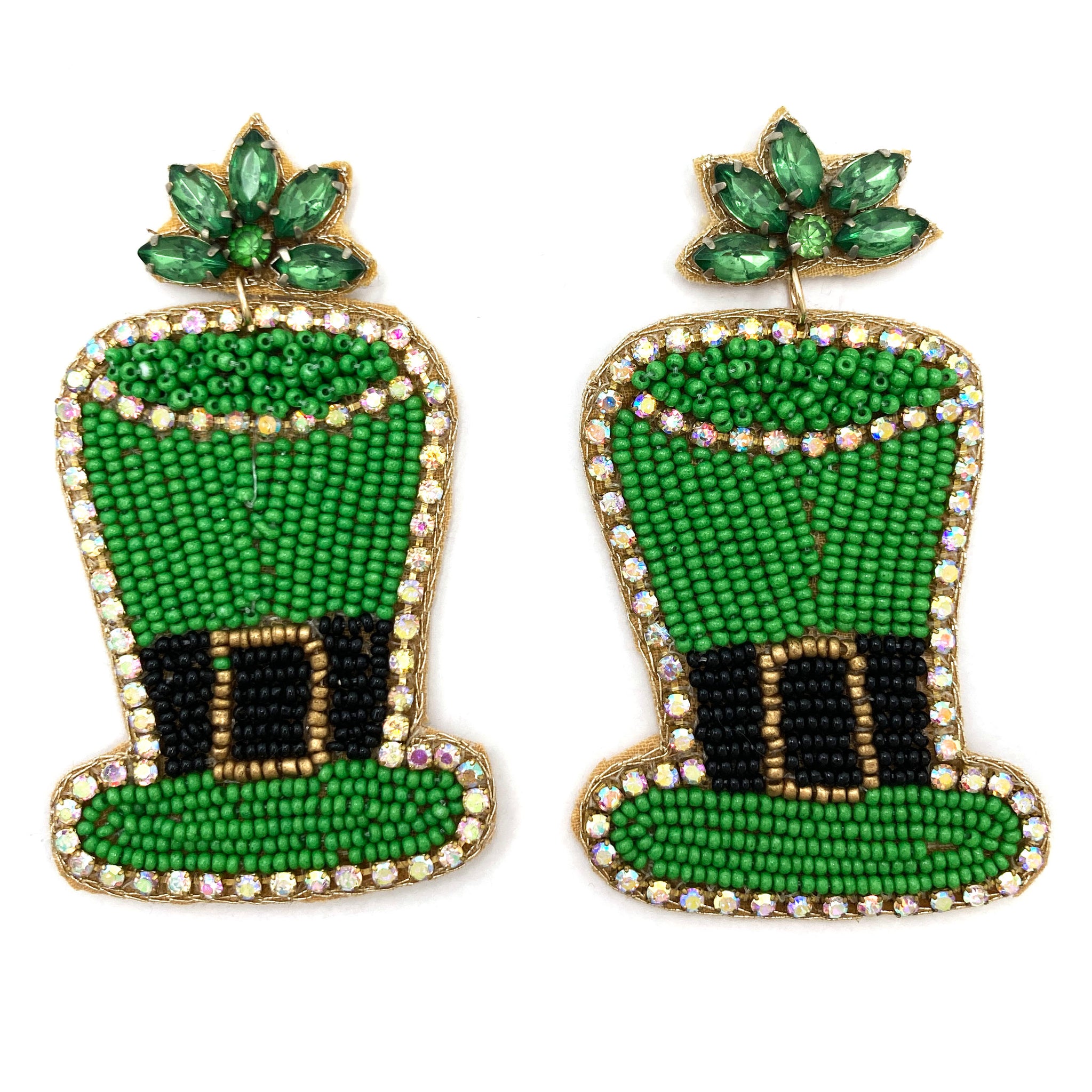 Green Leprechaun Hat Seed Bead Post Dangle Earrings