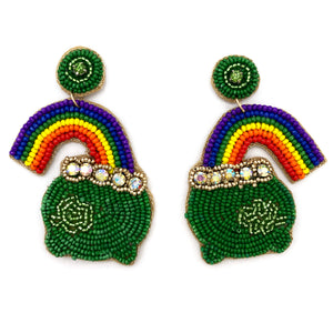 Lucky St. Patrick's Rainbow Pot Of Gold Seed Bead Dangle Earrings