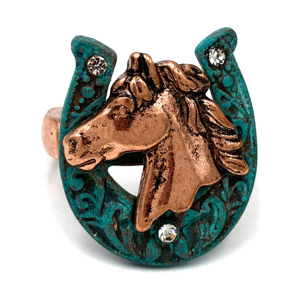 Western Horse on Filigree Rhinestone Horseshoe Stretch Ring