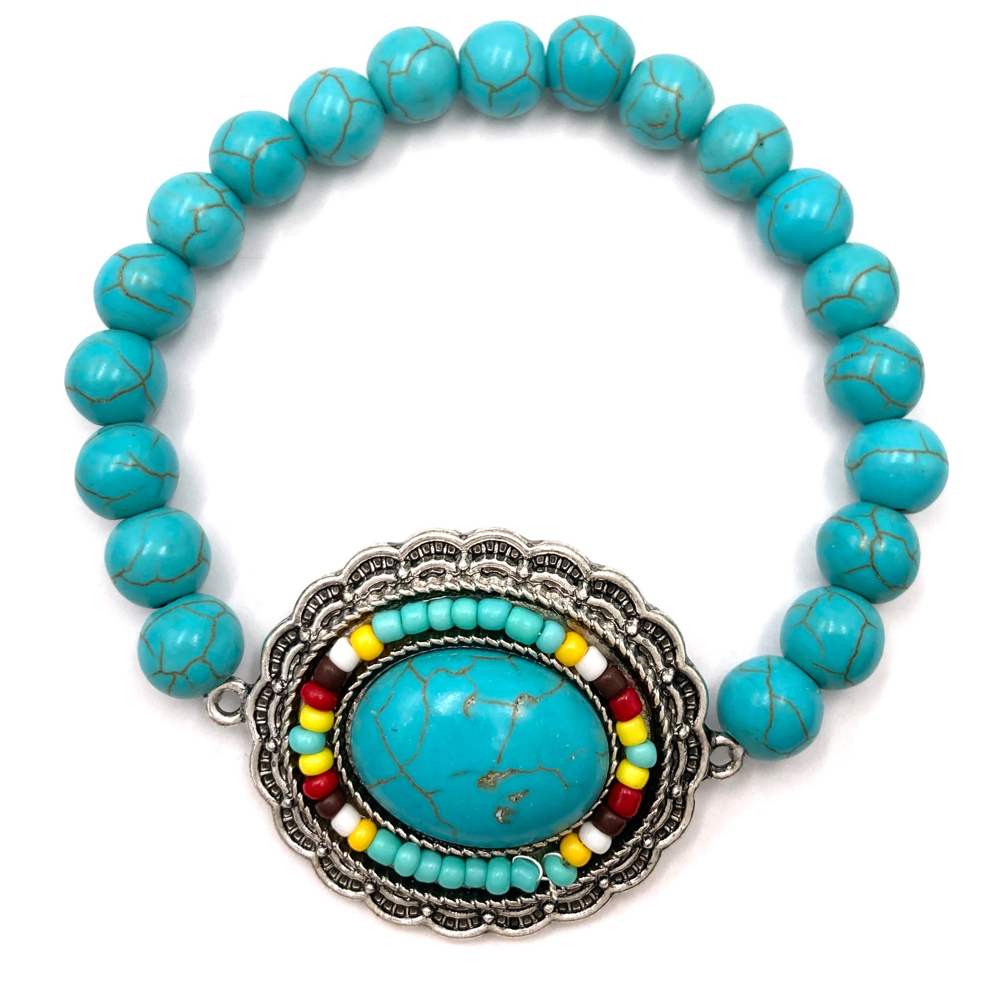 Turquoise Concho Seed Bead Southwestern Bohemian Stretch Bracelet