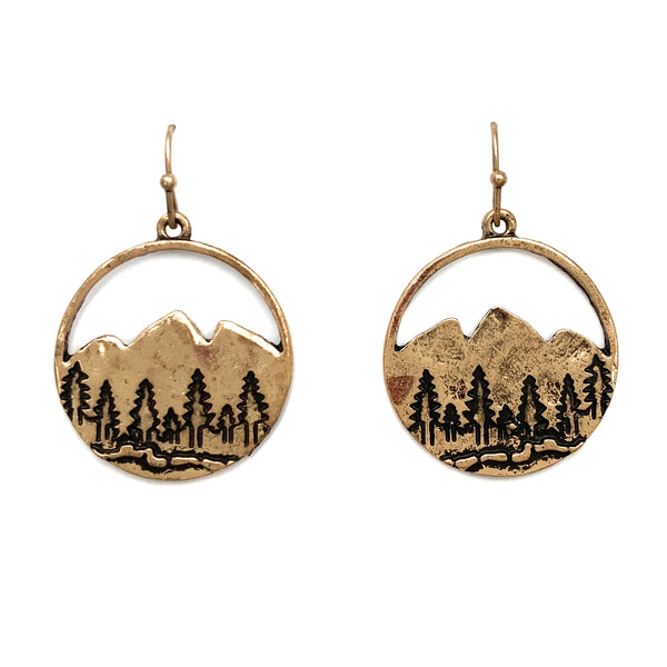 Patina Gold Wilderness Mountain Cutout Hook Dangle Earrings