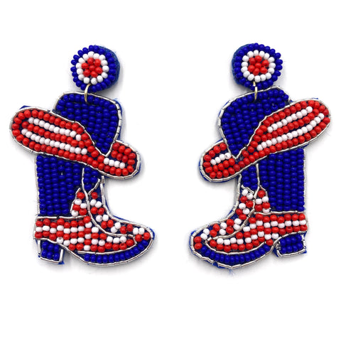 American Cowboy Boots Red White Blue Seed Bead Earrings