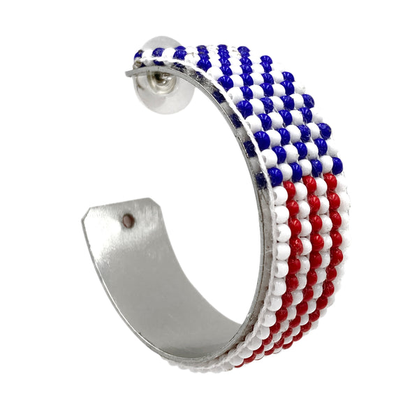 Red White Blue Flag Seed Bead C Hoop Earrings