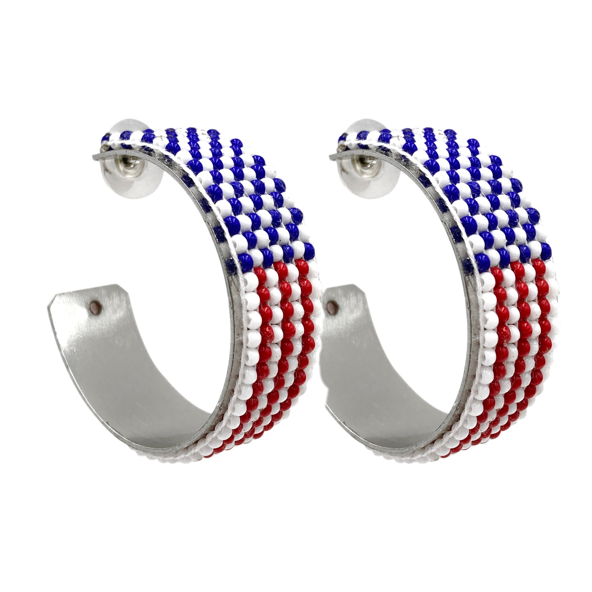 Red White Blue Flag Seed Bead C Hoop Earrings