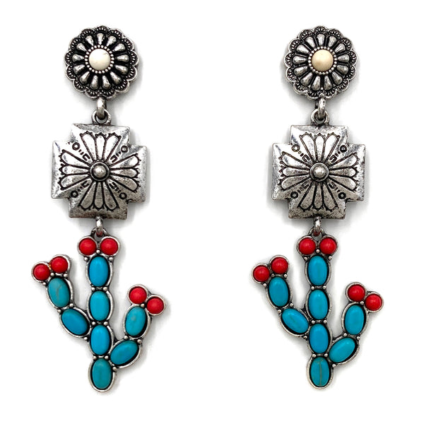 Concho Turquoise Red Cactus Southwestern Earrings