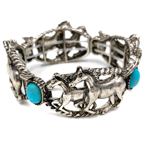 Galloping Horses Turquoise Stone Western Chunky Stretch Bracelet