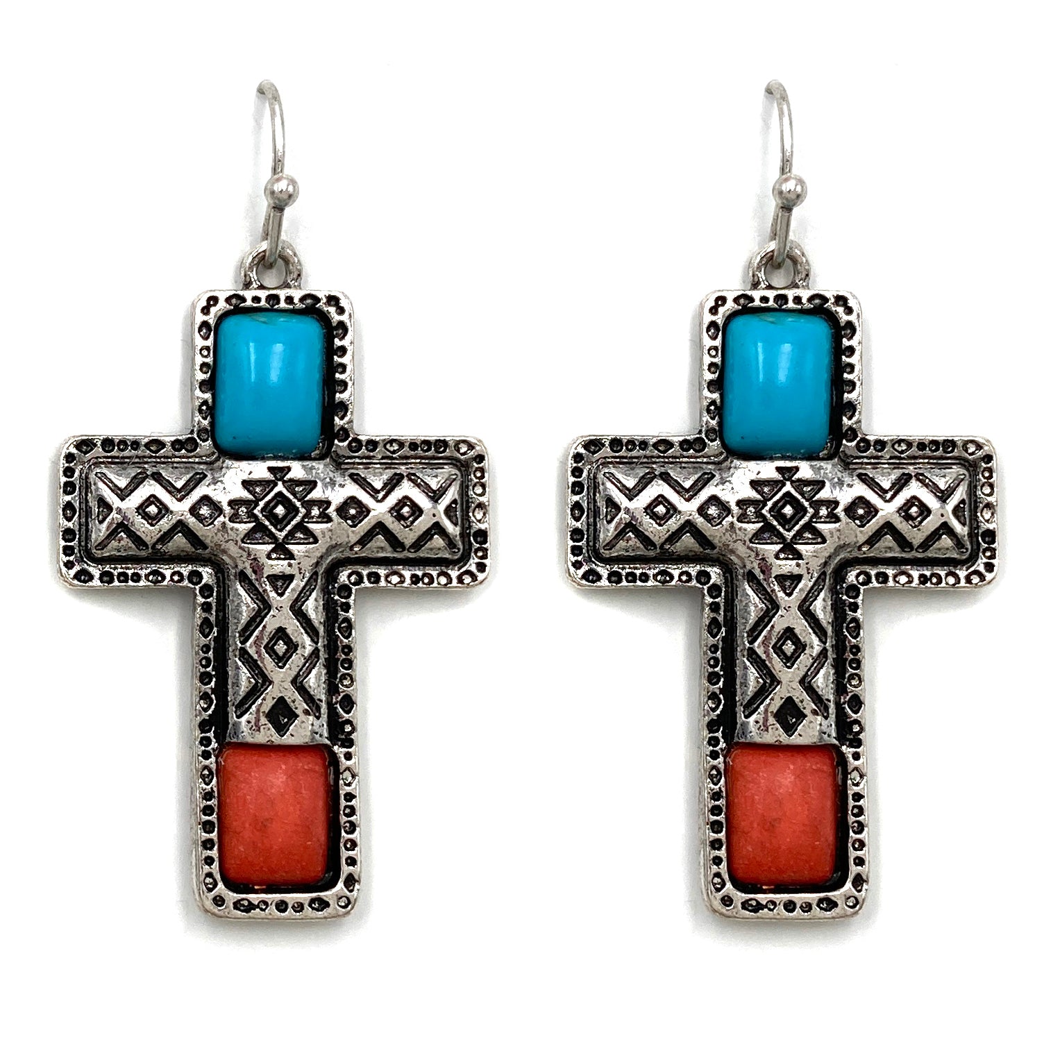 Cross Turquoise Orange Native Aztec Pattern Earrings