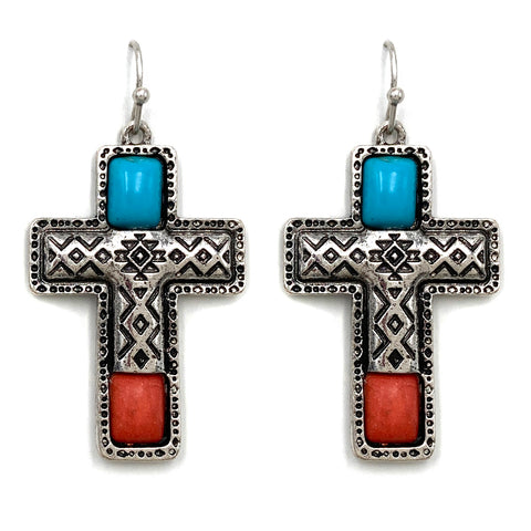 Cross Turquoise Orange Native Aztec Pattern Earrings