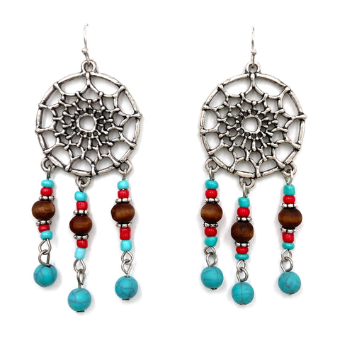 Dreamcatcher Wood Turquoise Beads Earrings