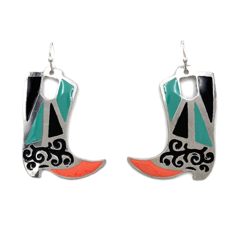 Cowboy Boots Ornamental Southwestern Metal Plate Earrings