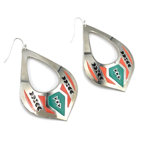 Native Aztec Pattern Southwestern Metal Plate Earrings