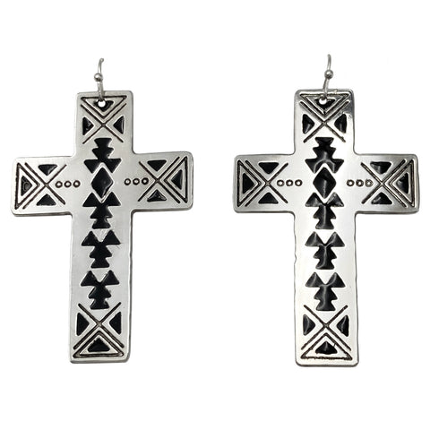 Cross Native Aztec Southwestern Metal Plate Earrings