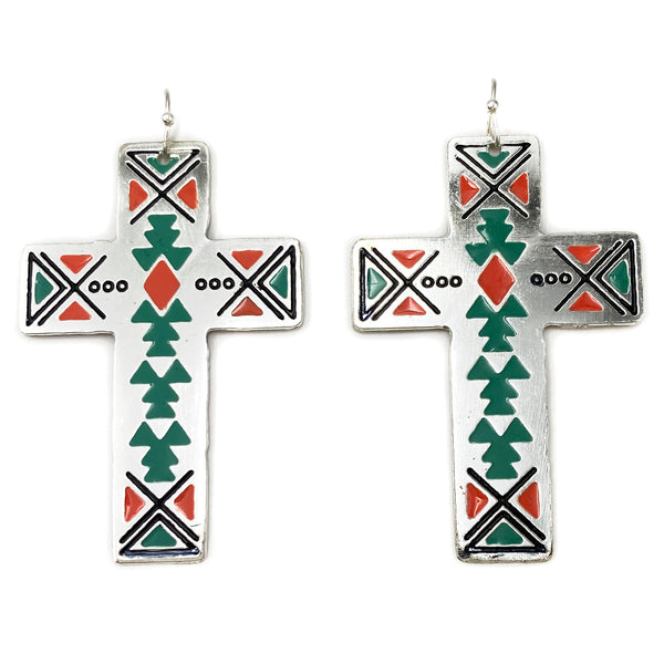 Cross Native Aztec Southwestern Metal Plate Earrings