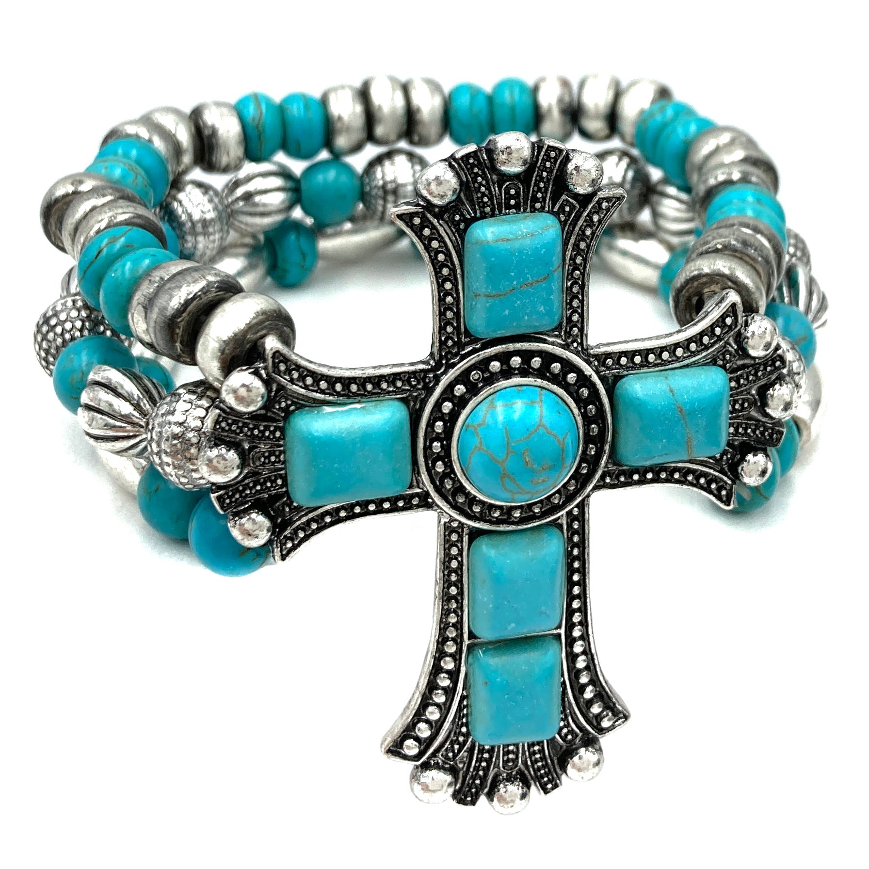 Large Cross Turquoise Stone Western Chunky Beaded Stretch Bracelet