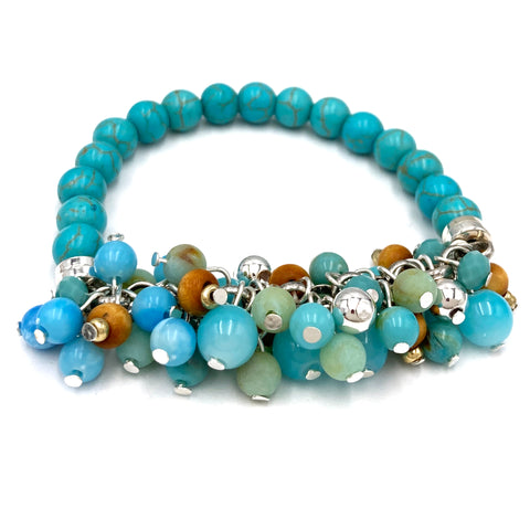 Cluttered Semi Precious Stones Turquoise Beaded Stretch Bracelet