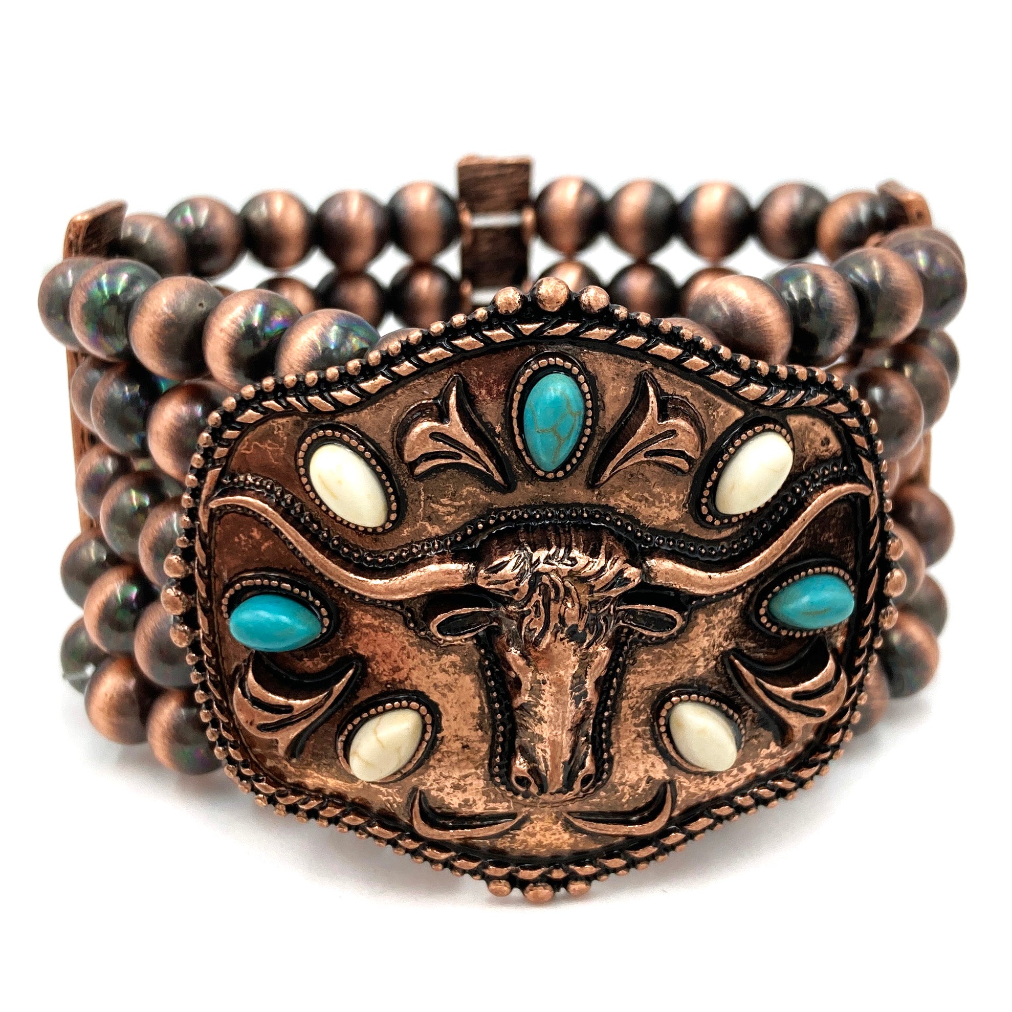 Metal Longhorn Western Trophy Buckle Chunky Beaded Stretch Bracelet